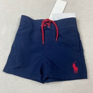 Ralph Lauren Baby Boys 6M Swim Trunks Navy Red‎ Pony Logo Mesh Lined NWT